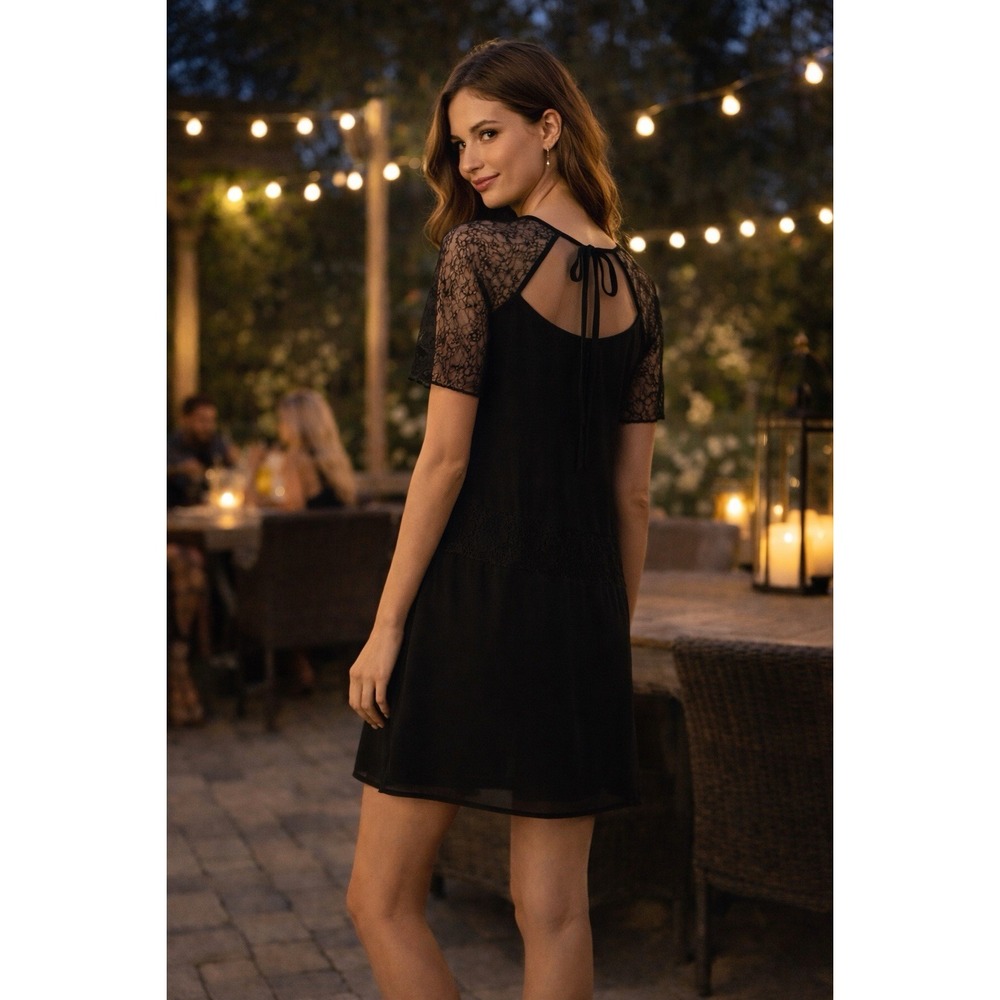 BCBGeneration Black Lace Dress Small Sheer Sleeve Mini Shift Cocktail Romantic - Picture 6 of 12
